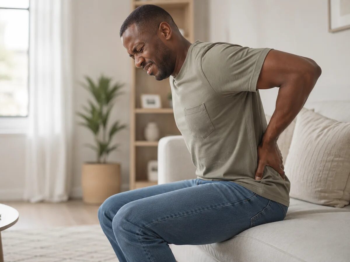 Black male sitting on a couch holding his lower back in pain.