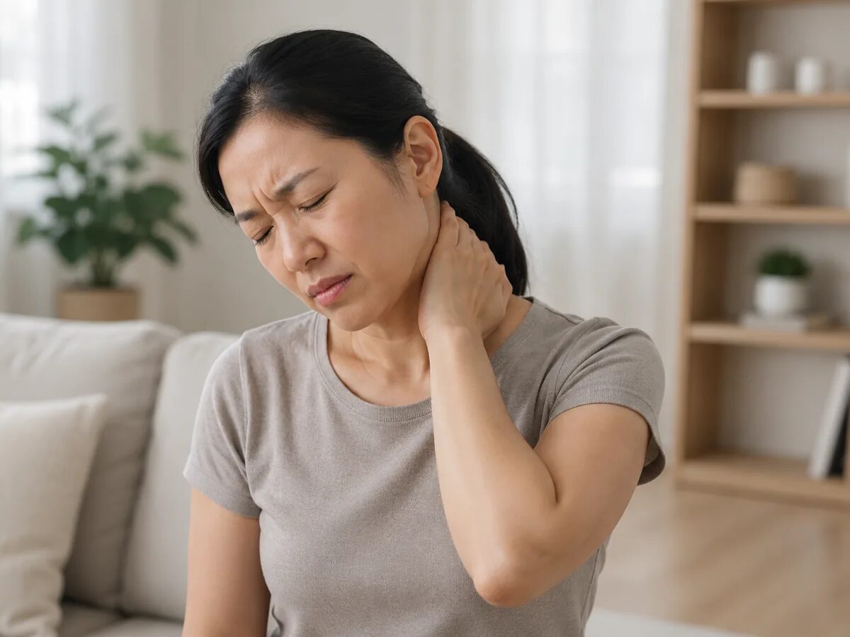 Woman holding her neck with neck pain.