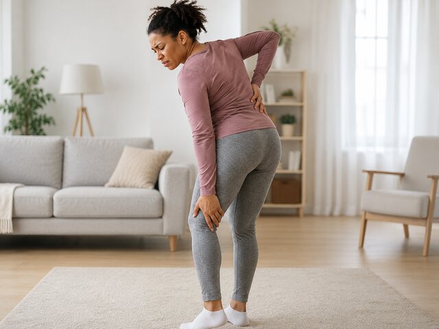 Woman bent forward holding her lower back and leg from sciatica pain.