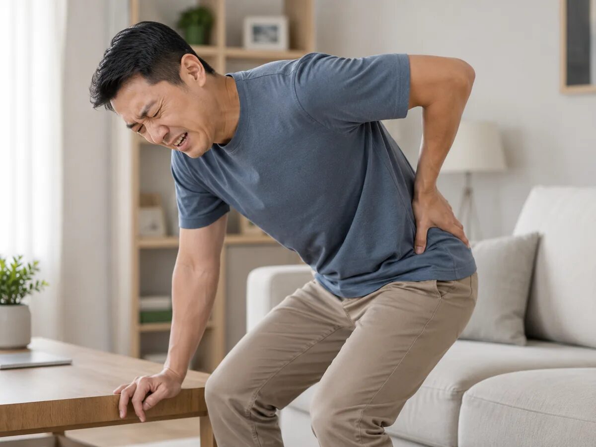Man bent forward holding his lower back with disc-related pain.