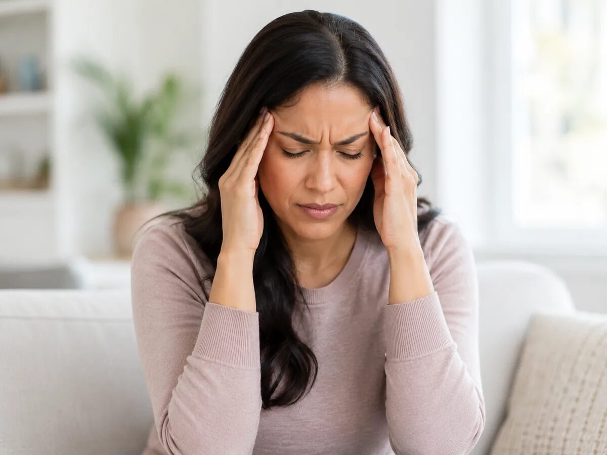 Woman holding her temples with a headache.